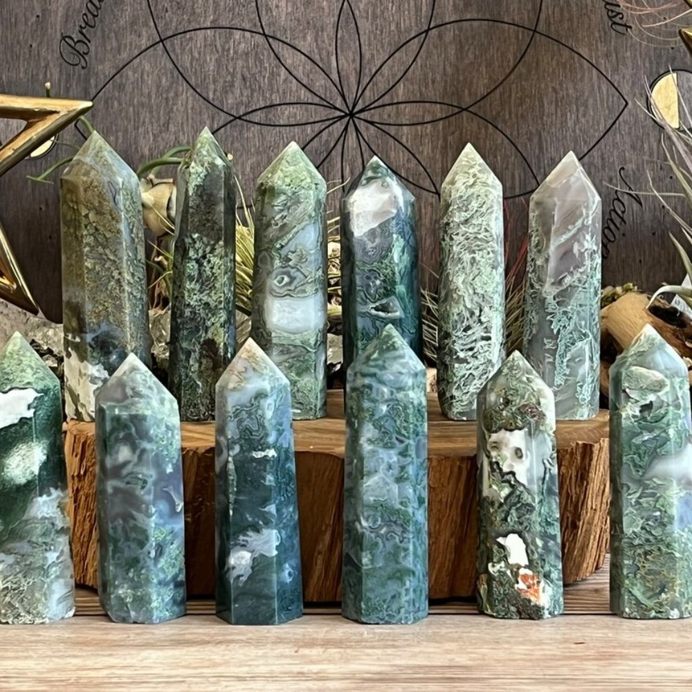 3'' Natural Moss Blossom Agate Point Obelisk Green Crystal Wand Tower Decoration